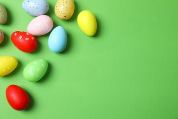 Happy Easter. Colorful eggs on color background, space for text or advertising
