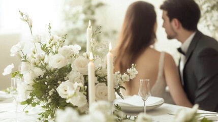 Burning white candles and delicate white flowers arrangement create a romantic centerpiece, softly illuminating the wedding ceremony as the bride and groom share an intimate moment