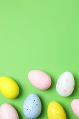 Happy Easter. Colorful eggs on color background, space for text or advertising