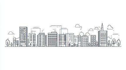 Obraz premium Line art city skyline, modern cityscape, urban landscape, background illustration, graphic design, stock photo, vector art, minimalist