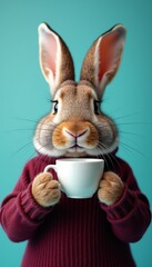Fototapeta premium A whimsical rabbit with a cozy sweater, holding a coffee cup against a vibrant blue backdrop, perfect for playful marketing and editorial themes.