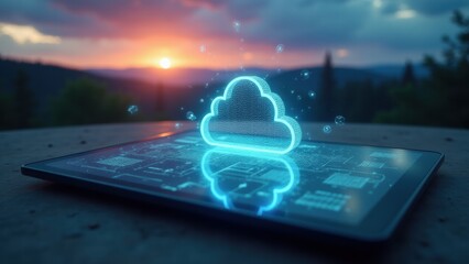 Tablet display unites a digital cloud and machine learning grid, symbolizing distributed systems in modern cloud computing workflows.