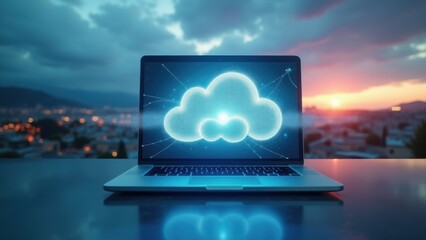 Open laptop reveals ai in the cloud, with distributed systems flowing as a transparent wave to signify advanced cloud computing power.