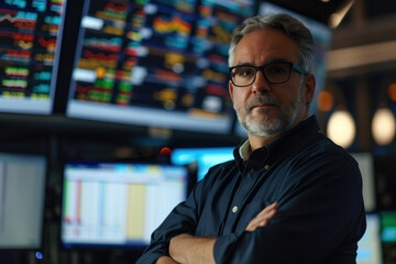 Fototapeta premium Confident Trader in High-Tech Trading Floor with Multiple Screens Displaying Stock Market Data