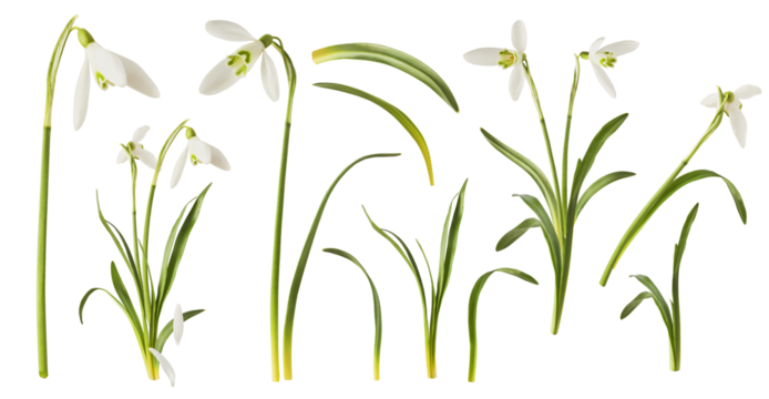 Creative set, collection with many Beautiful Snowdrop flowers with green leaves falling in the air isolated on white background. Spring time levitation or zero gravity conception.