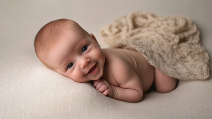adorable infant lying on a white fabric surface, smiling with bright eyes, reaching hands and feet, warm and soft shadows, natural baby pose, photorealistic detail, minimalistic setting
