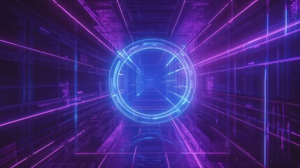 A futuristic portal leads through a glowing neon tunnel