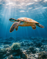Obraz premium Sea turtle swimming over coral reef in clear ocean water