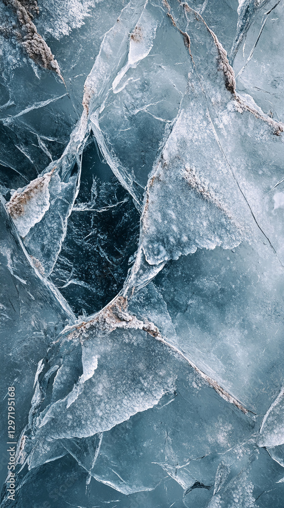 Poster close-up of cracked ice with detailed fractures and frost, creating an abstract frozen landscape, sy