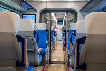 Interior of Alstom train on the platform of Bucharest North Railway Station