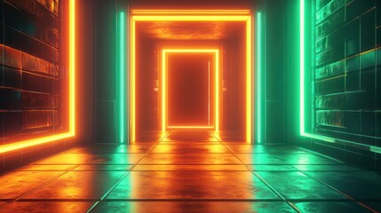 A futuristic hallway featuring neon lights and illuminated doorways