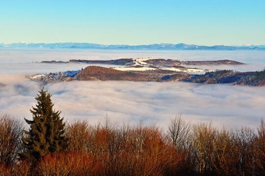 Winter landscape mountains foggy panorama