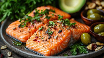 Healthy Salmon Fillets with Herbs, Seeds, and Vegetables on a Plate, with Background of Assorted Foods