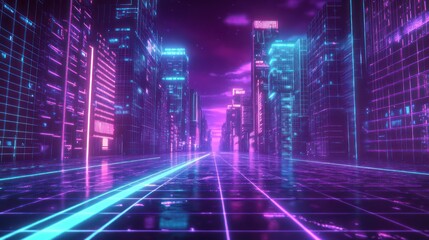 Futuristic urban cityscape glowing with neon lights and reflections