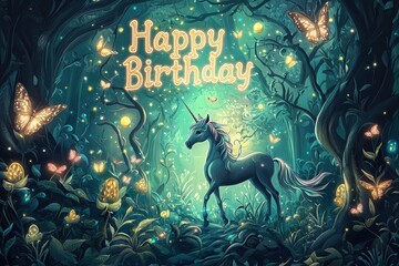 Whimsical Fairy Tale Birthday Card with Unicorns and Magical Forest Scene