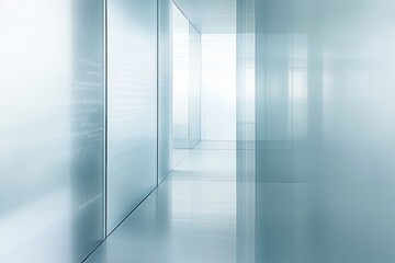 Fototapeta premium A minimalist hallway with frosted glass walls and a bright light at the end, creating a serene and modern atmosphere.