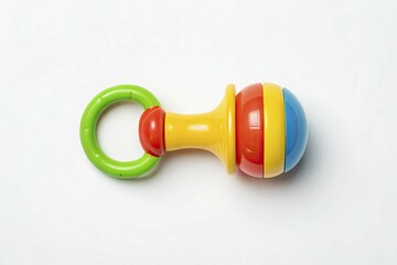 Colorful baby rattle featuring a green handle and a round orb at the end