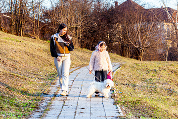 Fototapeta premium The picture was taken in a very beautiful park that was just now turning green and the sun was shining brightly. The girls were playing with their white dog, and they were very happy.
