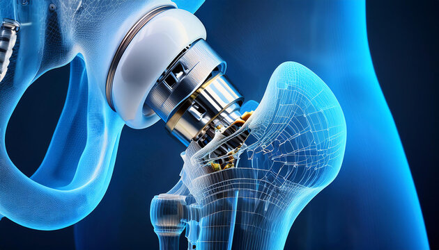 A hip replacement implant inside the human body, showcasing the metal and ceramic components 