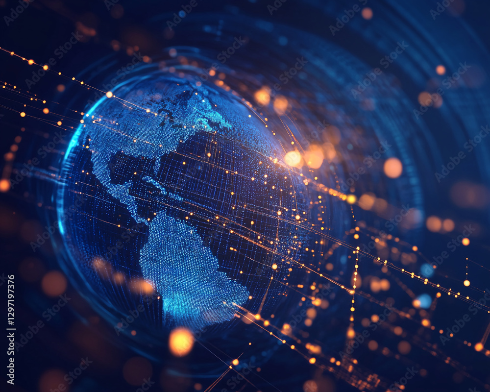 Poster Futuristic digital globe in blue with data streams and glowing particles, symbolizing technology, data exchange, global communication, and virtual networks.