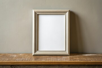 Empty wooden picture frame stands on aged wooden shelf against neutral wall.