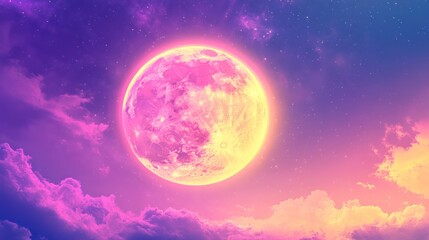 A Pink Moon Illuminated Above Beautiful Clouds and Starry Sky