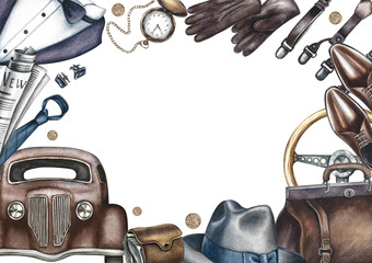 Vintage frame for men. Handmade watercolor illustration. A color image of a horizontal template, with men's objects, hobbies, and accessories. All Men's Day or Father's Day. For invitation, greeting.