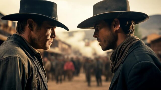 Standoff of two cowboys like in western movie, duel between men wearing hats, concept of bandit, wild west, outlaw, showdown