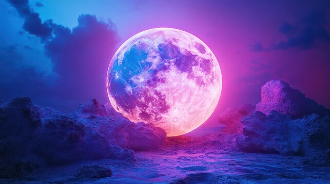 A vibrant neon moon shines brightly in an unknown landscape