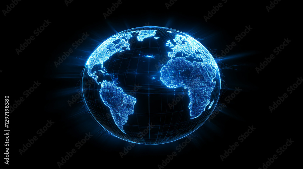 Poster digital world map of glowing blue lights on a globe symbolizing global connection, technology, data,