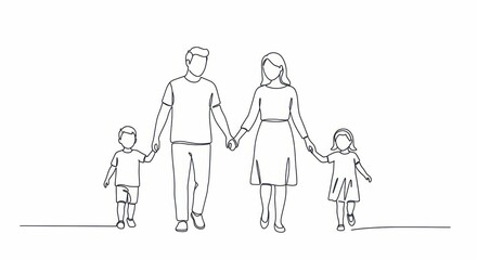 Outline of family walking together: parents and children holding hands