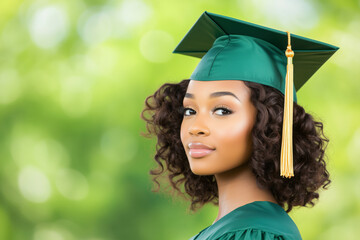 Happy african american woman celebrating graduation day. Portrait of a beautiful student wearing graduation cap and gown