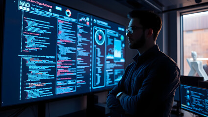a focused man looking at large screens displaying intricate computer code and data, signifying cybersecurity, technology, and data analysis
