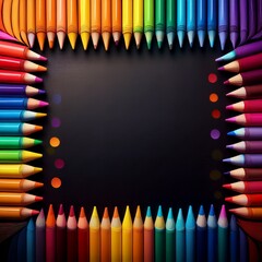 border frame of colorful crayons modern wallpaper on black background pattern copy space