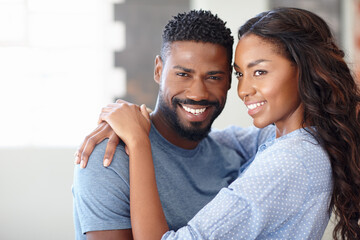 Obraz premium Black couple, hug and home security in portrait, weekend date and together for romantic partnership. Embrace, happy people and trust commitment in relationship, care and support boyfriend in condo