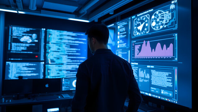 a man observing multiple computer screens, showcasing complex data and code in a high-tech control room