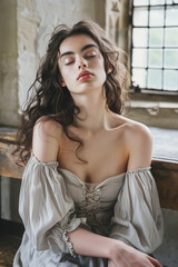 Fototapeta premium Elegant portrait of a woman dressed in a fusion of medieval and Victorian fashion. Intricate lace, corset, and classic details evoke historical elegance and timeless beauty. Perfect for period-themed 