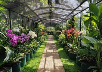 Obraz premium Serene Greenhouse Pathway Surrounded by Vibrant Orchids and Lush Foliage in a Tropical Botanical Garden