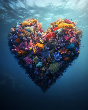  Surreal heart-shaped coral reef underwater with vibrant marine life