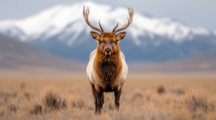 Majestic elk stares, snowy mountains backdrop, wildlife photography, nature poster