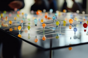 Colorful lightbulbs interconnected, symbolizing a network of ideas and innovation.