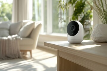 Modern security camera enhances home safety in a bright, minimalist living room setting