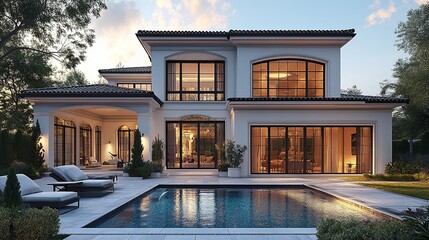 Fototapeta premium Elegant home exterior with black framed windows, patio furniture, and a reflective swimming pool against a picturesque sky backdrop.