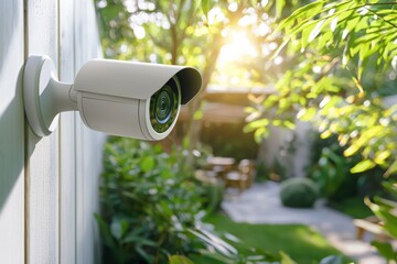 Weatherproof outdoor security camera monitors a bright backyard with green plants and wooden patio under sunlight