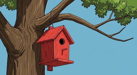 Red Birdhouse Hanging From Tree Branch Against a Blue Sky Illustration