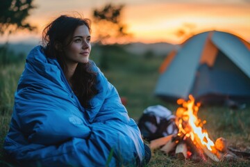Cozy evening by the glowing campfire with a young woman wrapped in a blue sleeping bag at sunset