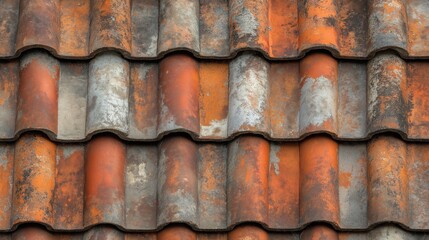 Aged terracotta roof tiles with weathered texture and rustic patina