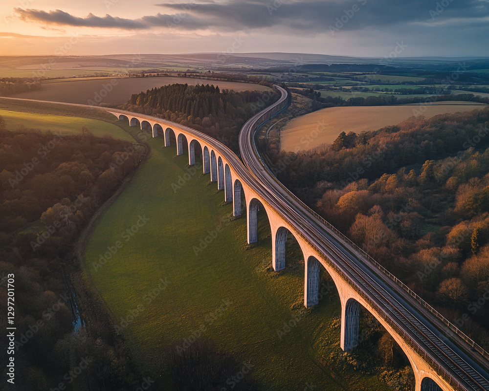 Aufkleber aerial view of a large viaduct bridge crossing green fields and winding railway tracks, representing