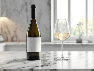 White wine bottle and glass on marble countertop near window.