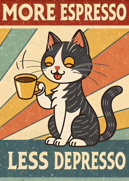 cat with coffee cup vintage poster, more espresso, less depresso